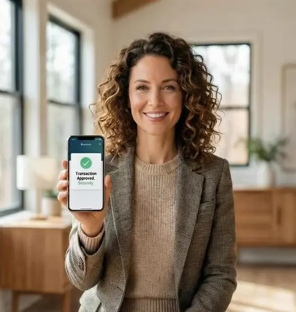 Happy customer with phone showing approved loan